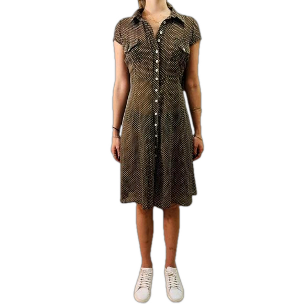 Airy Thin Cotton Brown White Polka Dot Button Down Midi Vintage Dress Size Small